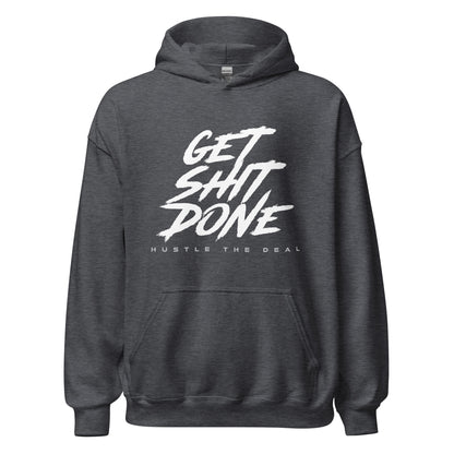 Get Shit Done grey motivational hoodie with bold text graphic