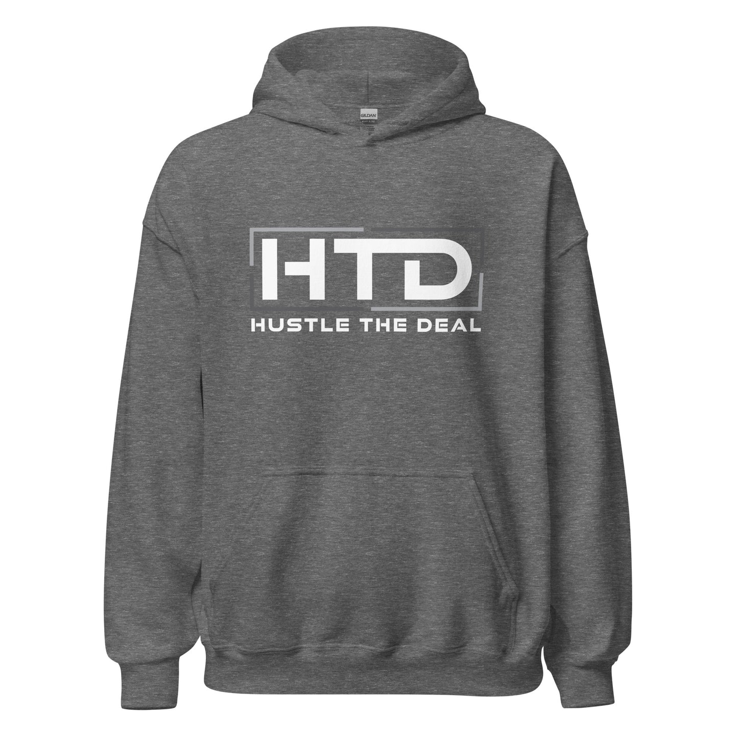 Dark Heather HTD Signature Hoodie with bold Hustle The Deal logo graphic