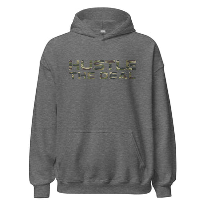 Grey Camouflage Hustle The Deal hoodie with camouflage print graphic