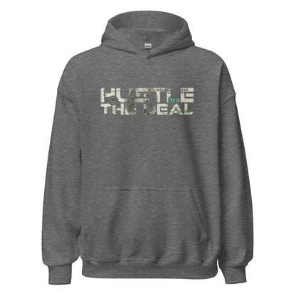 Dark Heather Money Print Hustle The Deal hoodie with dollar-bill graphic design