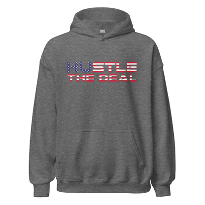American Flag Hustle The Deal hoodie with red, white, and blue graphic design