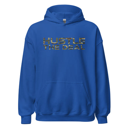 Blue Camouflage Hustle The Deal hoodie with camouflage print graphic