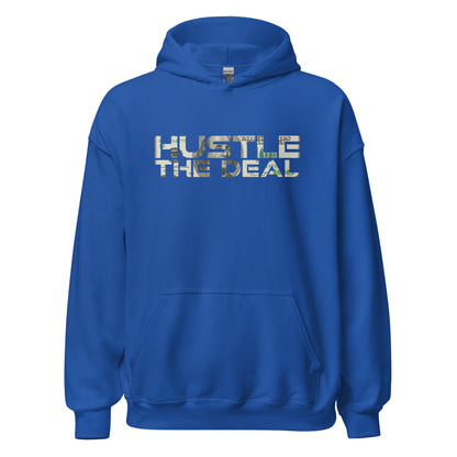 Blue Money Print Hustle The Deal hoodie with dollar-bill graphic design