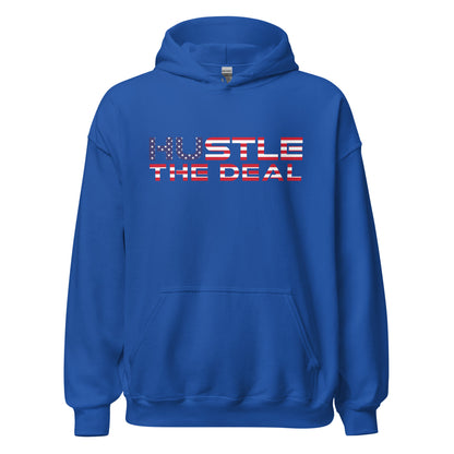 American Flag Hustle The Deal hoodie with red, white, and blue graphic design