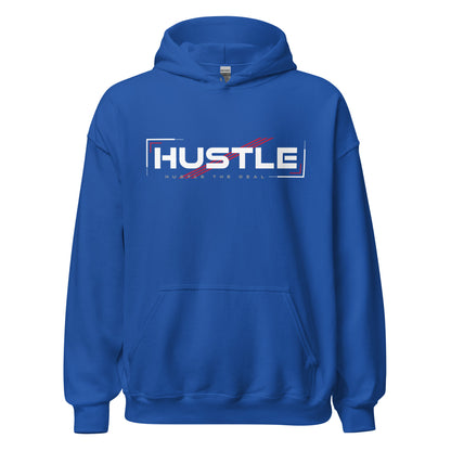 Blue Classic Hustle motivational hoodie with bold HUSTLE graphic design