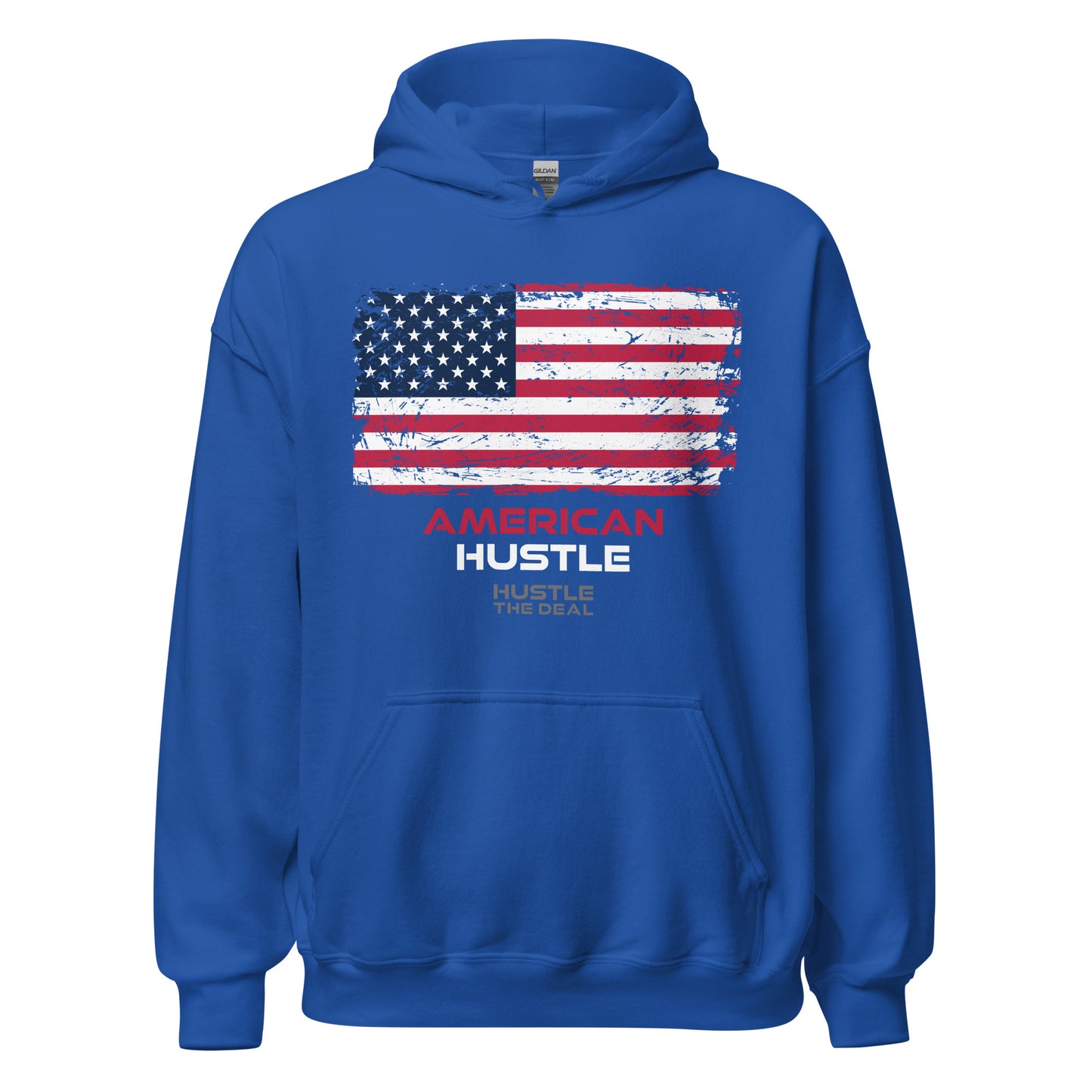 Blue American Hustle patriotic hoodie with distressed American flag graphic