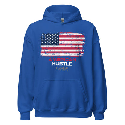 Blue American Hustle patriotic hoodie with distressed American flag graphic