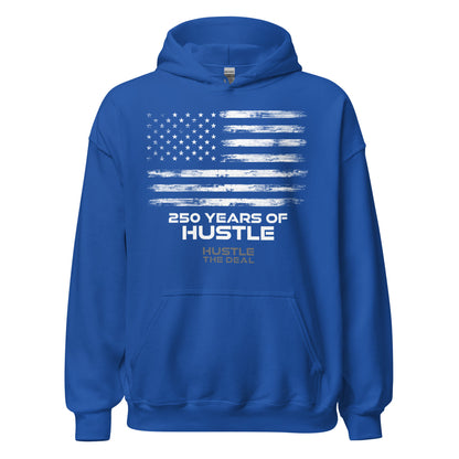 Blue 250 Years of Hustle patriotic hoodie with American flag graphic