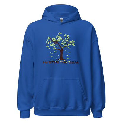 Blue Money Tree motivational hoodie with dollar-bill leaves graphic