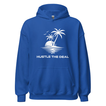 Hustle in Paradise graphic blue hoodie with tropical island and palm tree design