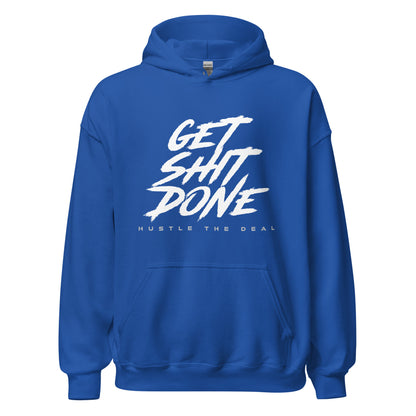 Get Shit Done blue motivational hoodie with bold text graphic
