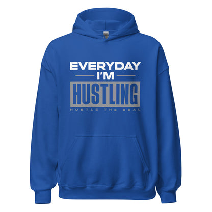 Blue Everyday I'm Hustling motivational hoodie with bold graphic text