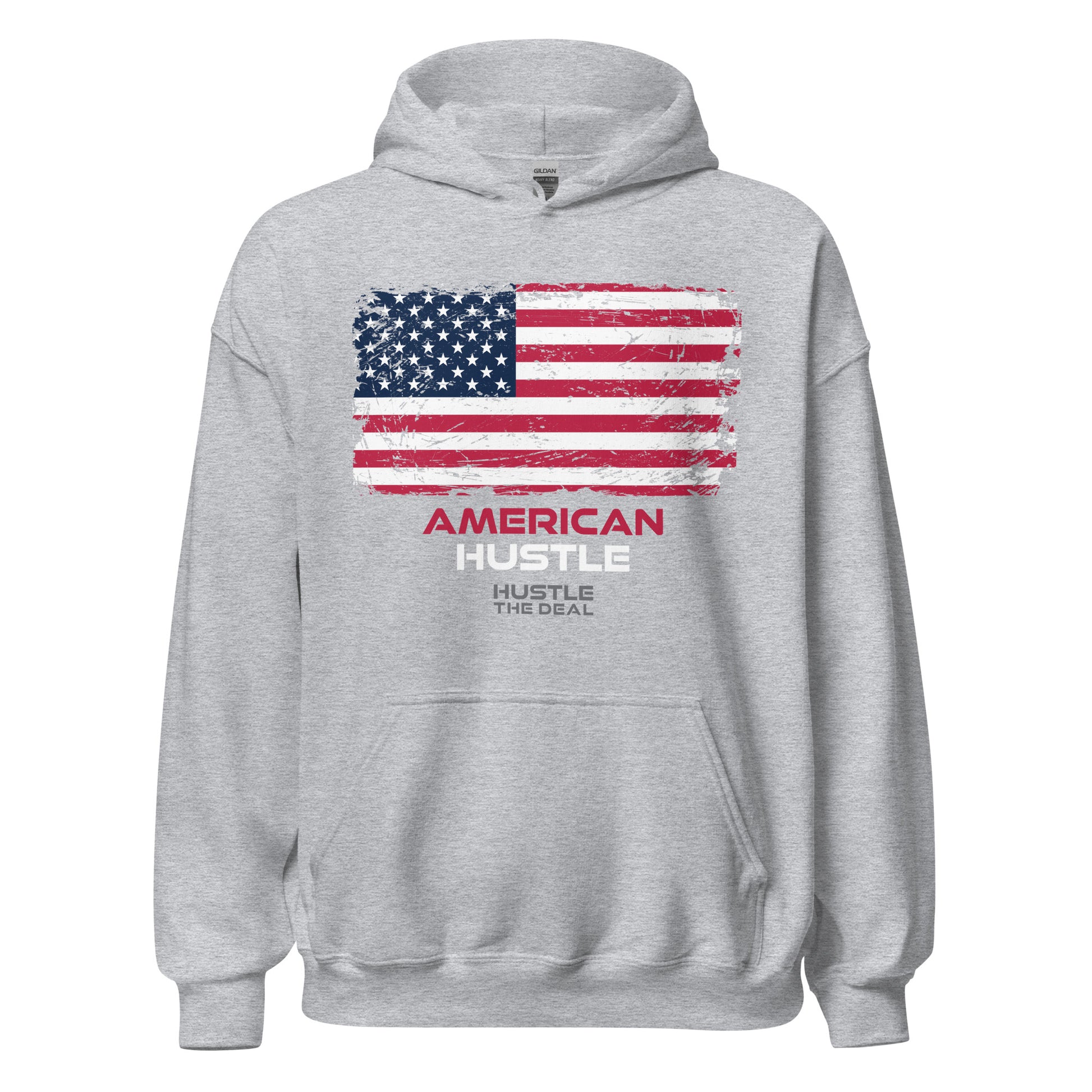 Light grey American Hustle patriotic hoodie with distressed American flag graphic