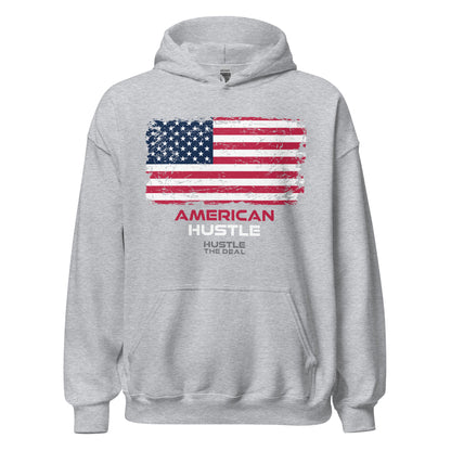 Light grey American Hustle patriotic hoodie with distressed American flag graphic