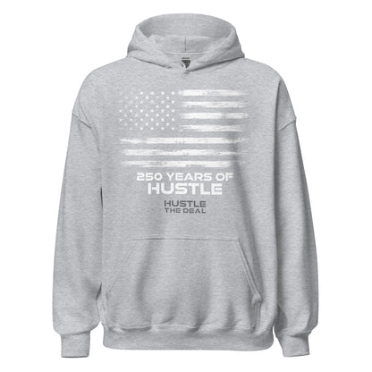 Light Grey 250 Years of Hustle patriotic hoodie with American flag graphic