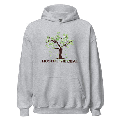 Light grey Money Tree motivational hoodie with dollar-bill leaves graphic