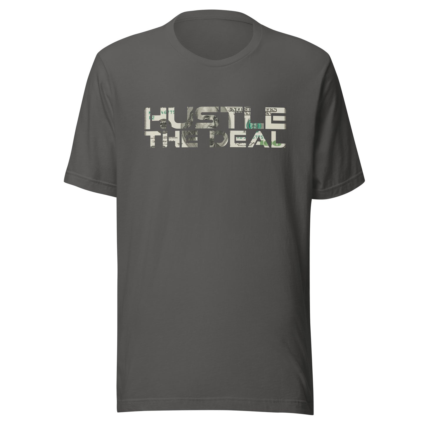 Grey Heather $100 Bill Hustle The Deal T-Shirt with money graphic logo