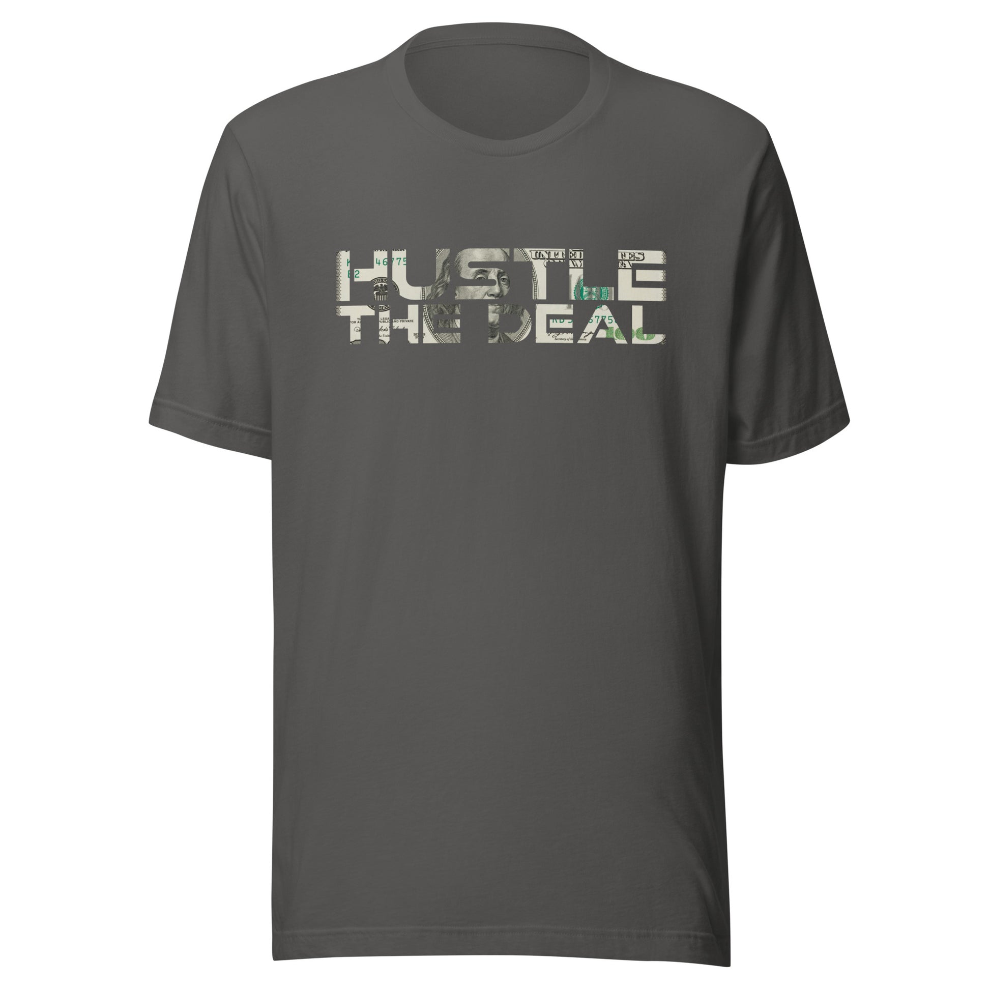 Grey Heather $100 Bill Hustle The Deal T-Shirt with money graphic logo