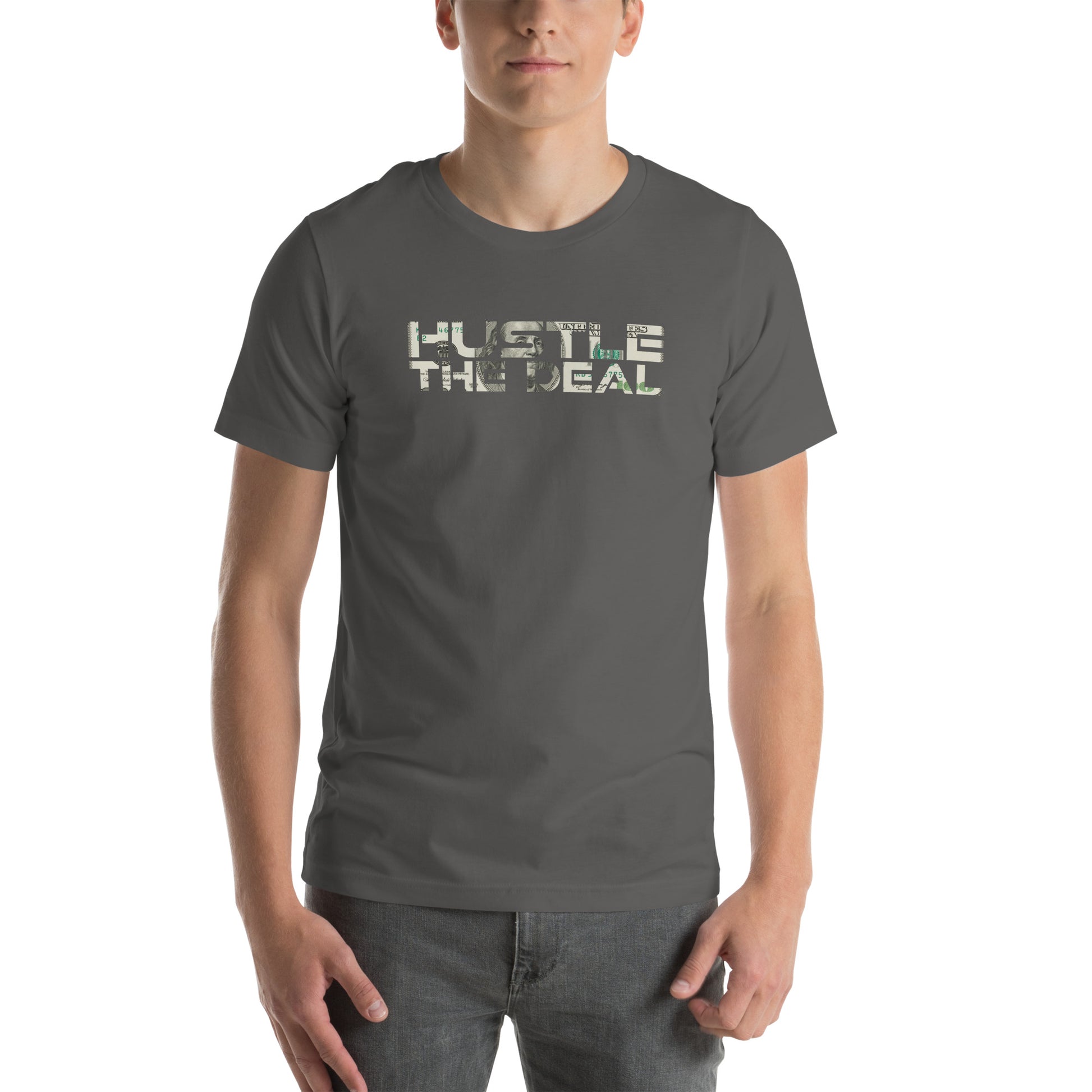 Grey $100 Bill Hustle The Deal T-Shirt with money graphic logo