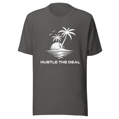 Grey Paradise graphic t-shirt with tropical island palm tree and sunset design
