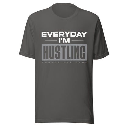 Grey Everyday I'm Hustling graphic t-shirt with bold motivational typography design