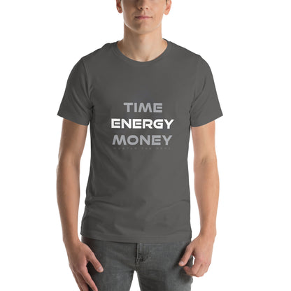 Grey Time Energy Money graphic t-shirt featuring pyramid typography design