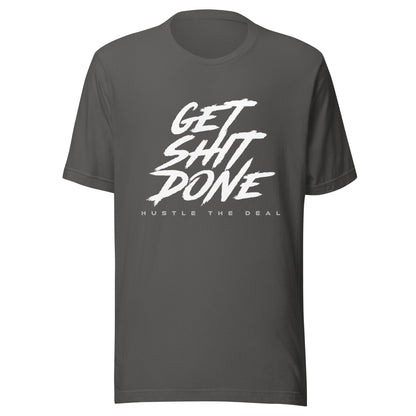 Grey Get Shit Done white typography graphic t-shirt with bold brushstroke design