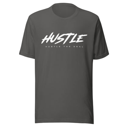 Grey t-shirt with brush-style "HUSTLE" graphic