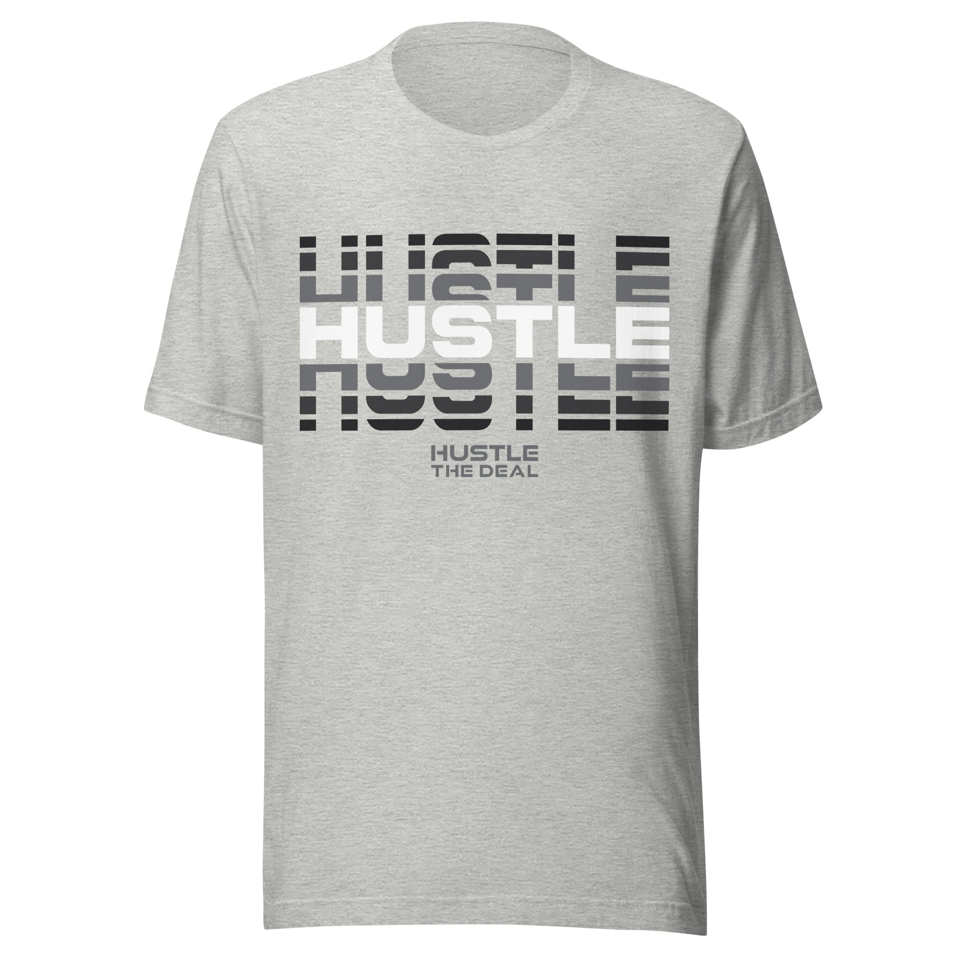 Grey Heather Reflective Hustle Graphic T-Shirt with layered hustle design