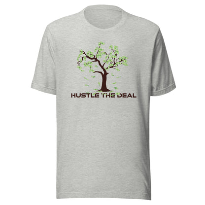 Light grey Money Tree graphic t-shirt with dollar bill tree and Hustle The Deal logo