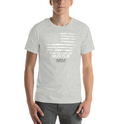Grey 250 Years of Hustle graphic t-shirt with American flag design