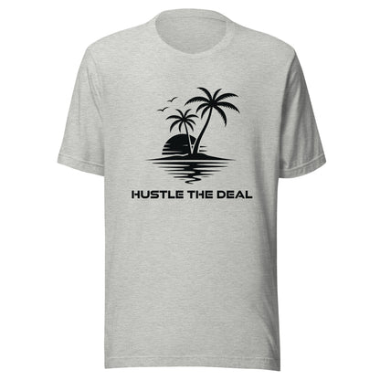Light grey Palm Tree Hustle graphic t-shirt with tropical island, palm trees, and sunset design