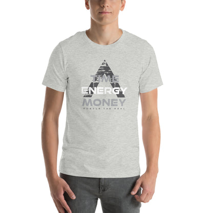 Grey Heather Time Energy Money graphic t-shirt featuring pyramid typography design