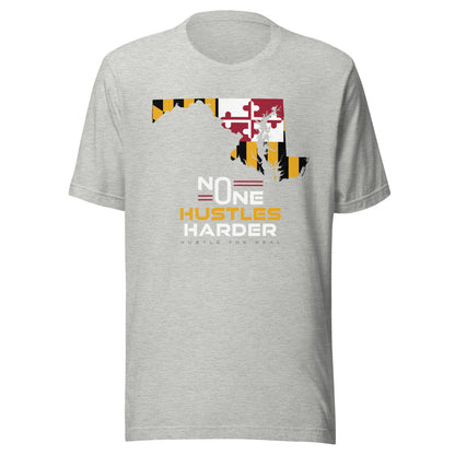 Light grey t-shirt with Maryland flag graphic and "No One Hustles Harder" text