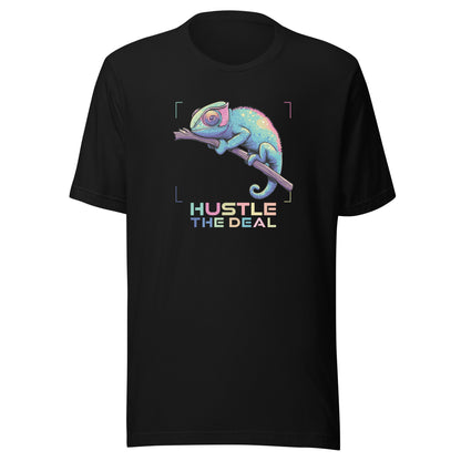 Colorful chameleon graphic on black t-shirt