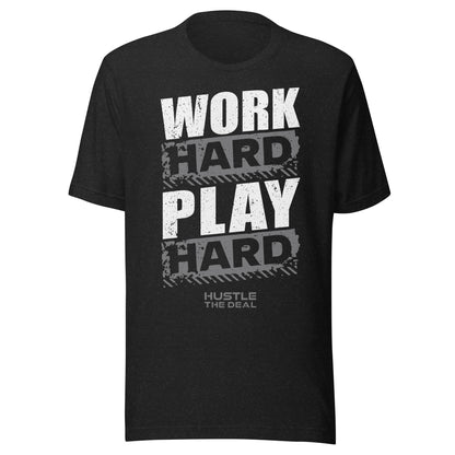 Black Heather Work Hard Play Hard T-Shirt with motivational graphic