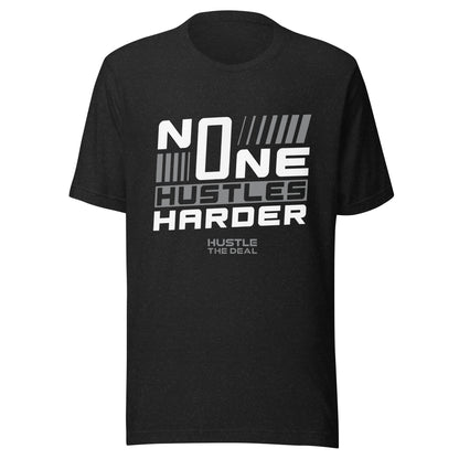 Black Heather No One Hustles Harder T-Shirt with motivational graphic
