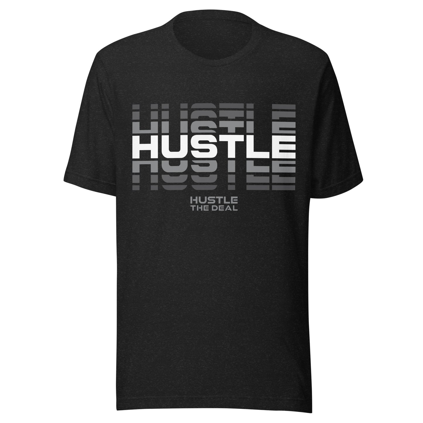 Black Heather Reflective Hustle Graphic T-Shirt with layered hustle design