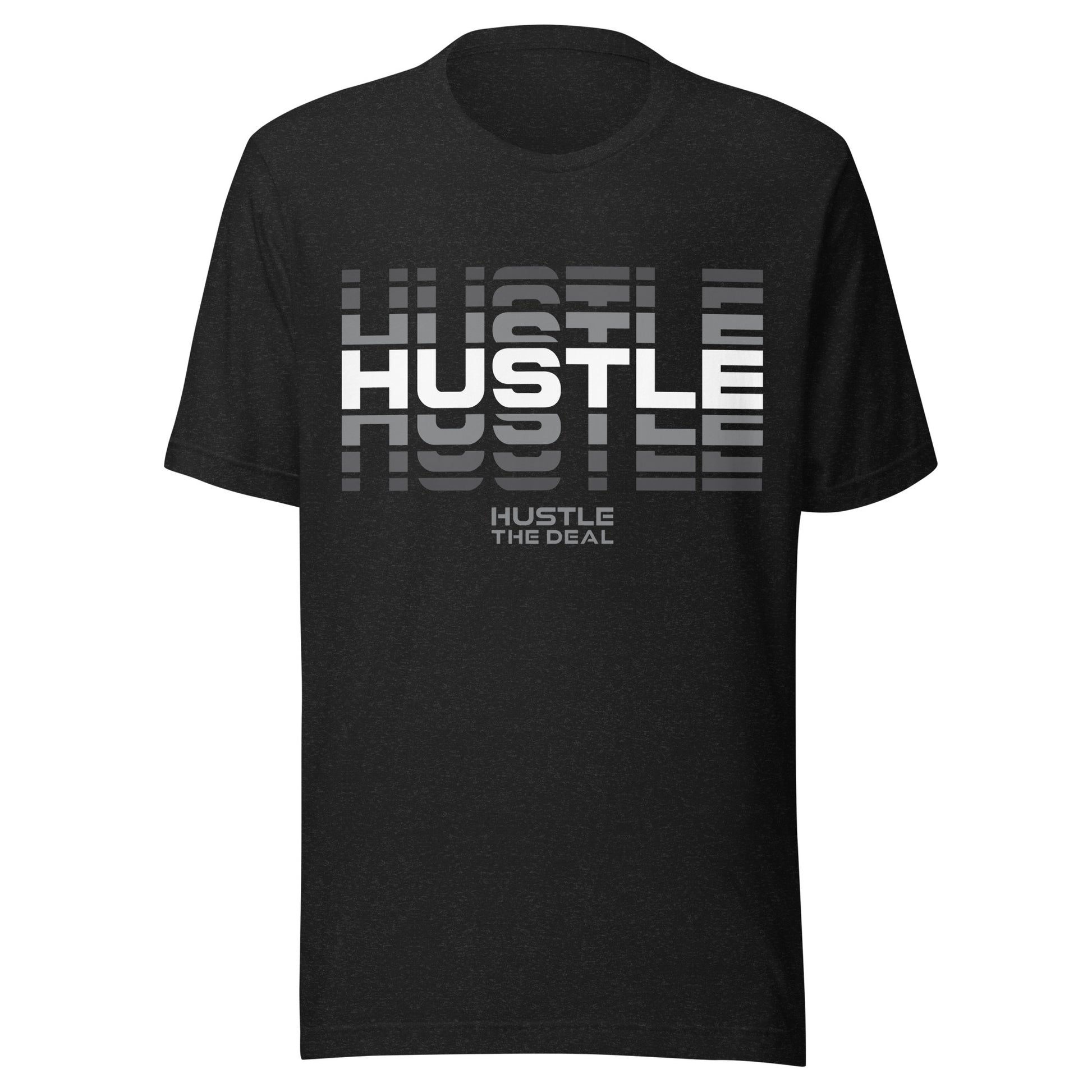 Black Heather Reflective Hustle Graphic T-Shirt with layered hustle design