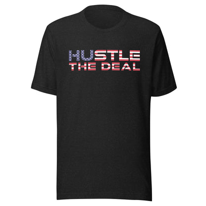 Black Heather American Flag Hustle The Deal T-Shirt with patriotic logo graphic