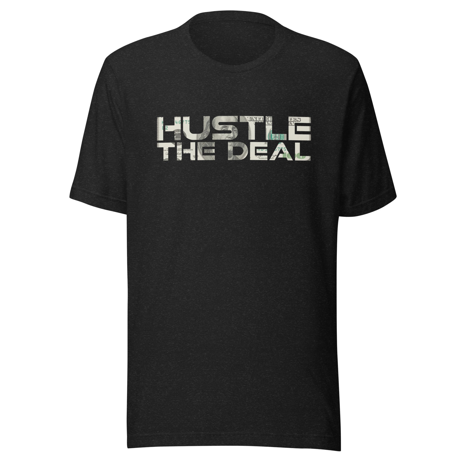Black Heather $100 Bill Hustle The Deal T-Shirt with money graphic logo