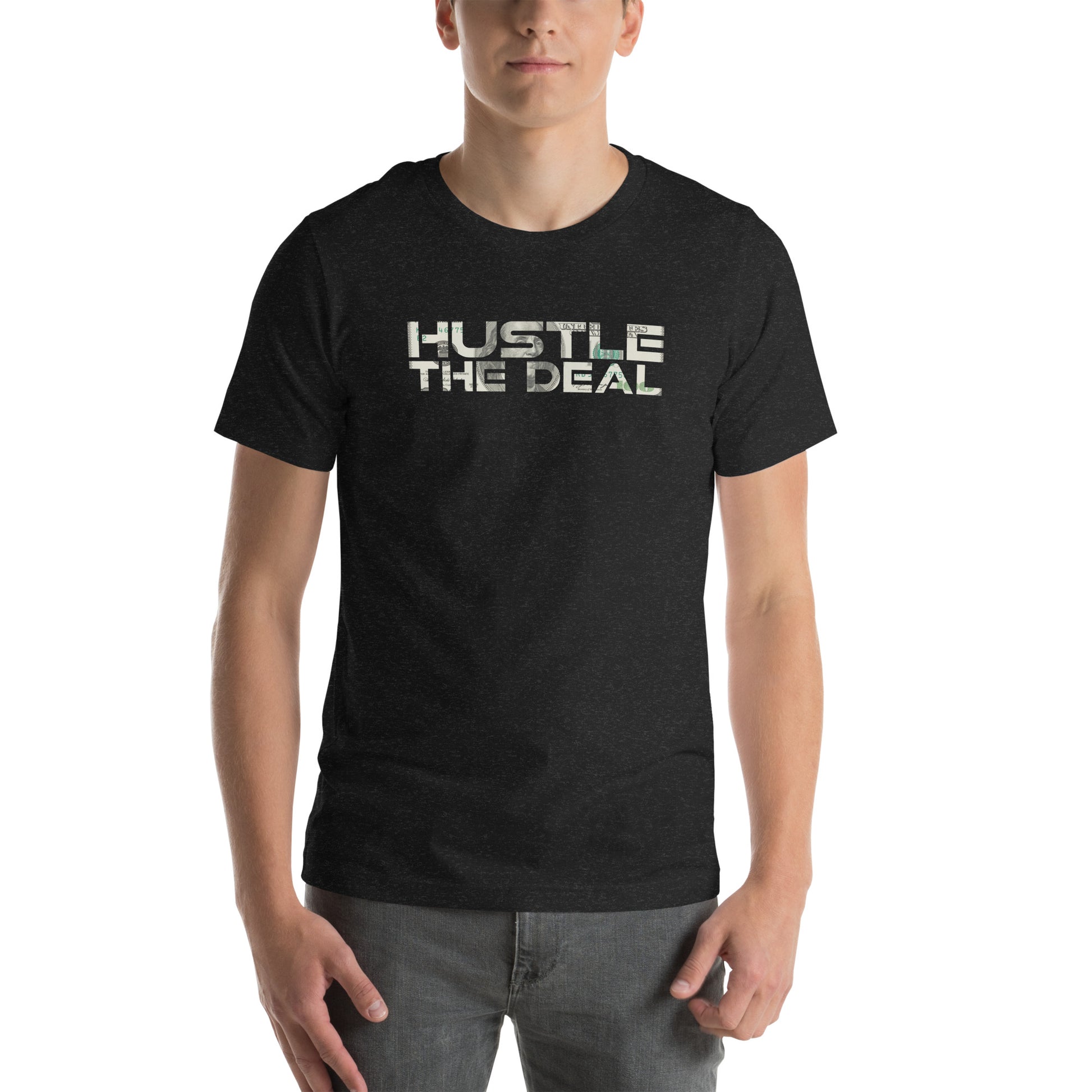 Black Heather $100 Bill Hustle The Deal T-Shirt with money graphic logo