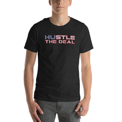 Black Heather American Flag Hustle The Deal T-Shirt with patriotic logo graphic