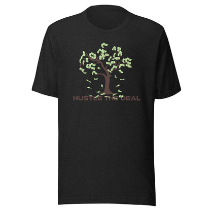 Black heather Tree graphic t-shirt with dollar bill tree and Hustle The Deal logo
