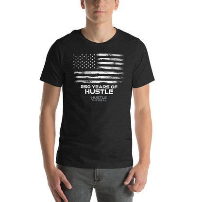 Black 250 Years of Hustle graphic t-shirt with American flag design