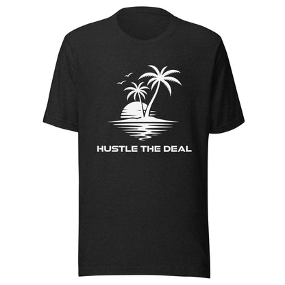 Black Paradise graphic t-shirt with tropical island palm tree and sunset design