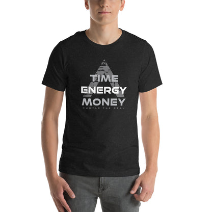 Black Time Energy Money graphic t-shirt featuring pyramid typography design