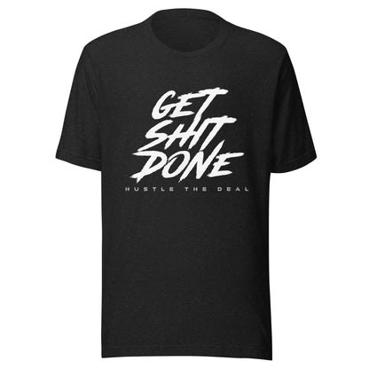 Get Shit Done white typography graphic t-shirt with bold brushstroke design