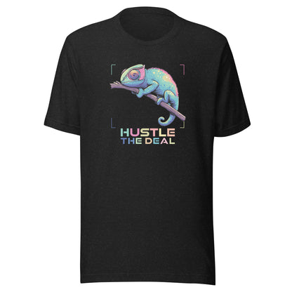 Colorful chameleon graphic on black t-shirt