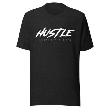 Black t-shirt with brush-style "HUSTLE" graphic
